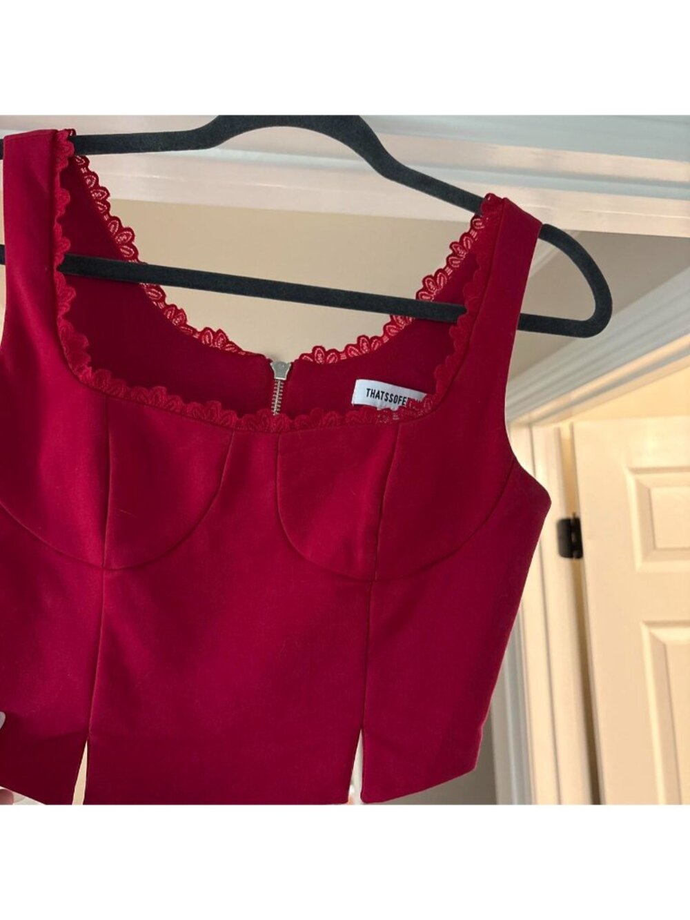 Red lace trim top with zipper back #lace #redhot #fashion